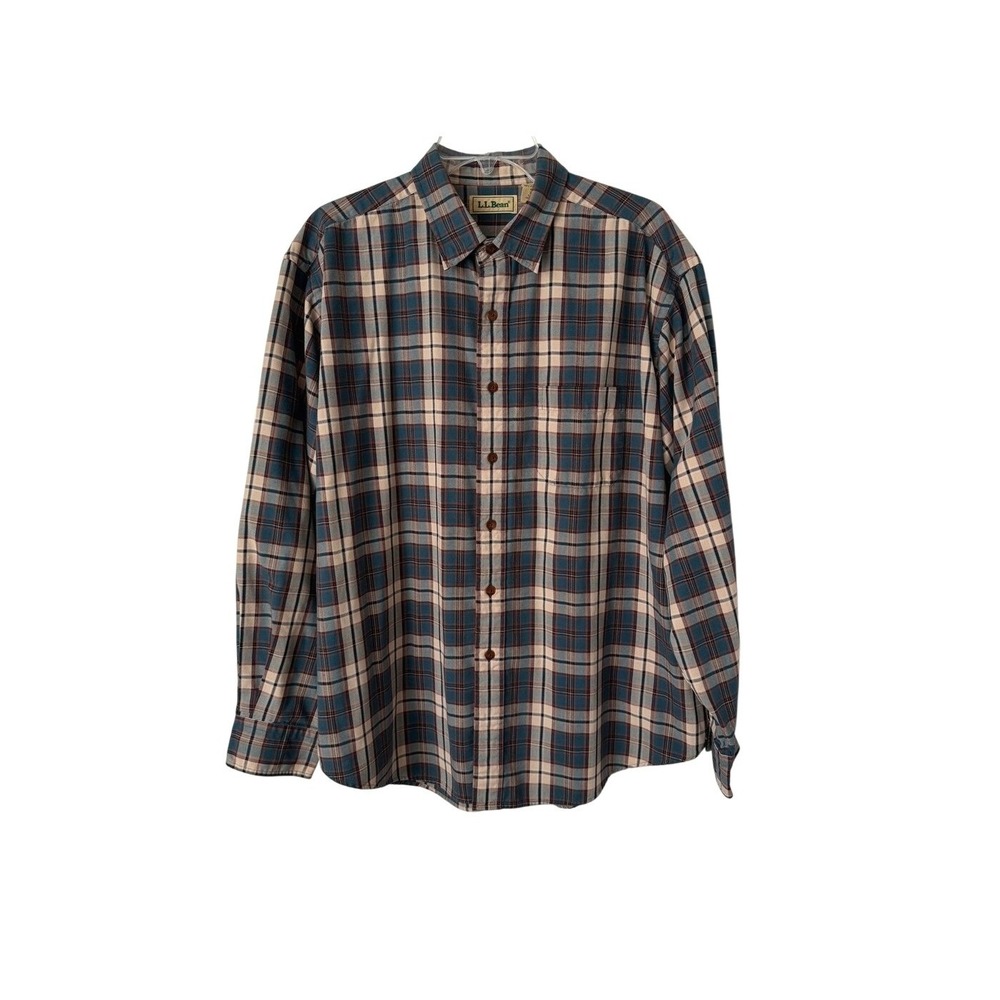 L.L. Bean Men's Lightweight Plaid Flannel Button Down Shirt Blue Beige Cotton XL